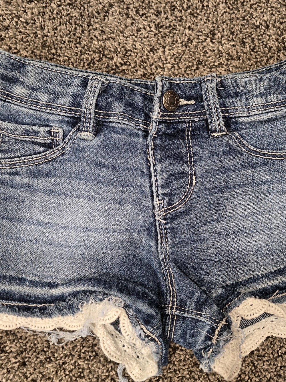 Denim Lace Trim High-Waist Shorts - Blue